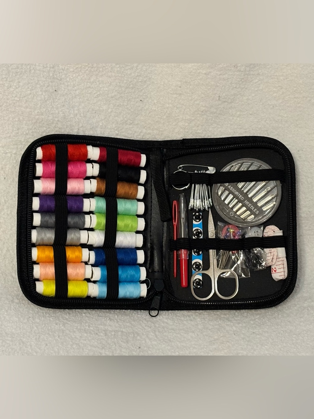 Portable Black Sewing Kit with Multicolor Threads